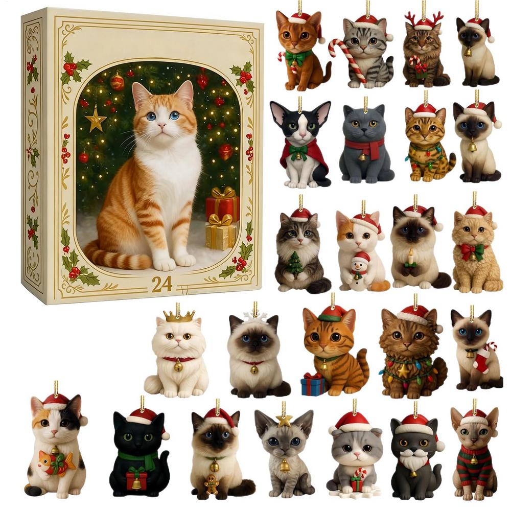 2025 Christmas Advent Calendar 24 Days Cat Pendants 2D Acrylic Hanging Ornaments for Cat Lovers Home Christmas Tree Decorations