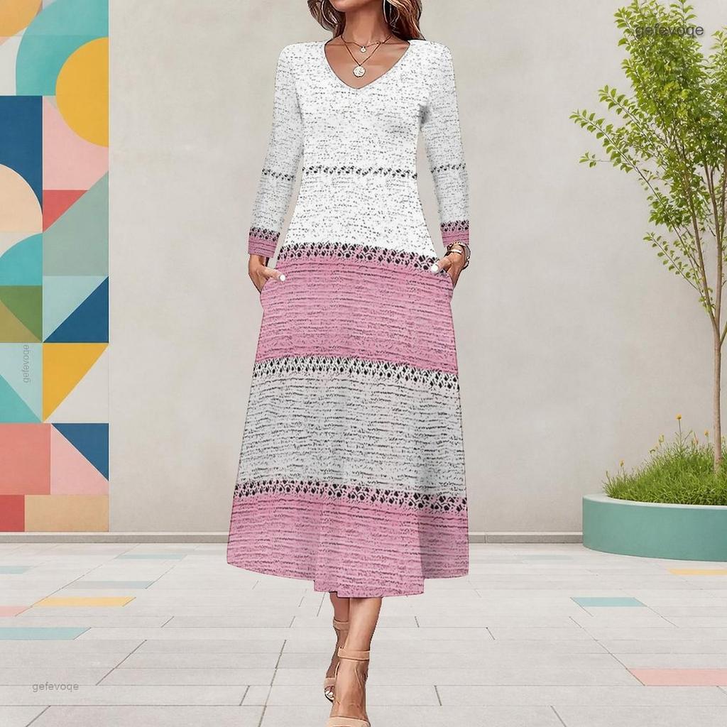 Women Plus Size V Neck Long Sleeve Black White Printed A Line Midi Dress With Pockets