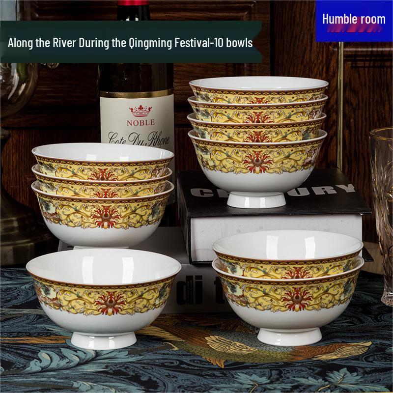Qianxing Chinese Ceramic Bowl Set - Qingming Riverside Scene