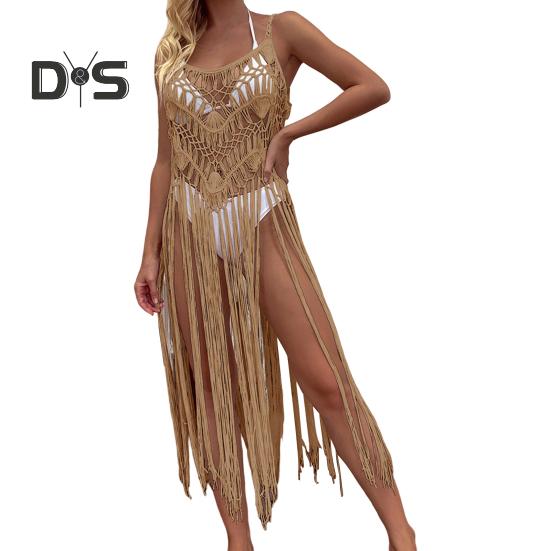 Beach Cover Up Women Sling Sleeveless Loose Fit Cutout Bikini Cover-up Dress Solid Color Sun Protection Beach Wear