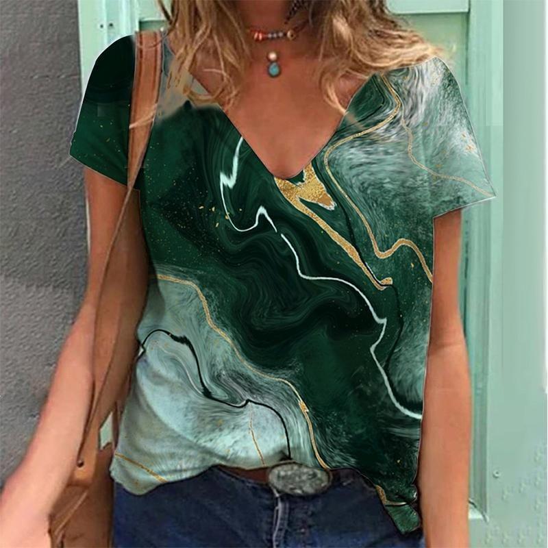 

Женская футболка с V-образным вырезом и короткими рукавами, футболка с градиентным 3D-принтом, модная уличная одежда, топ с короткими рукавами для девочек 6XL