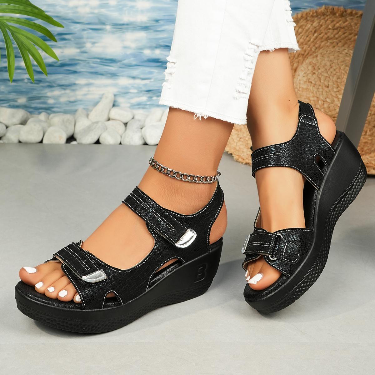 

Fashion Ladies Shoes 2025 High Quality Hook Loop Women s Sandals New Open Toe Casual Shoes Summer Solid Wedge Sandals Zapatos 39 чёрный