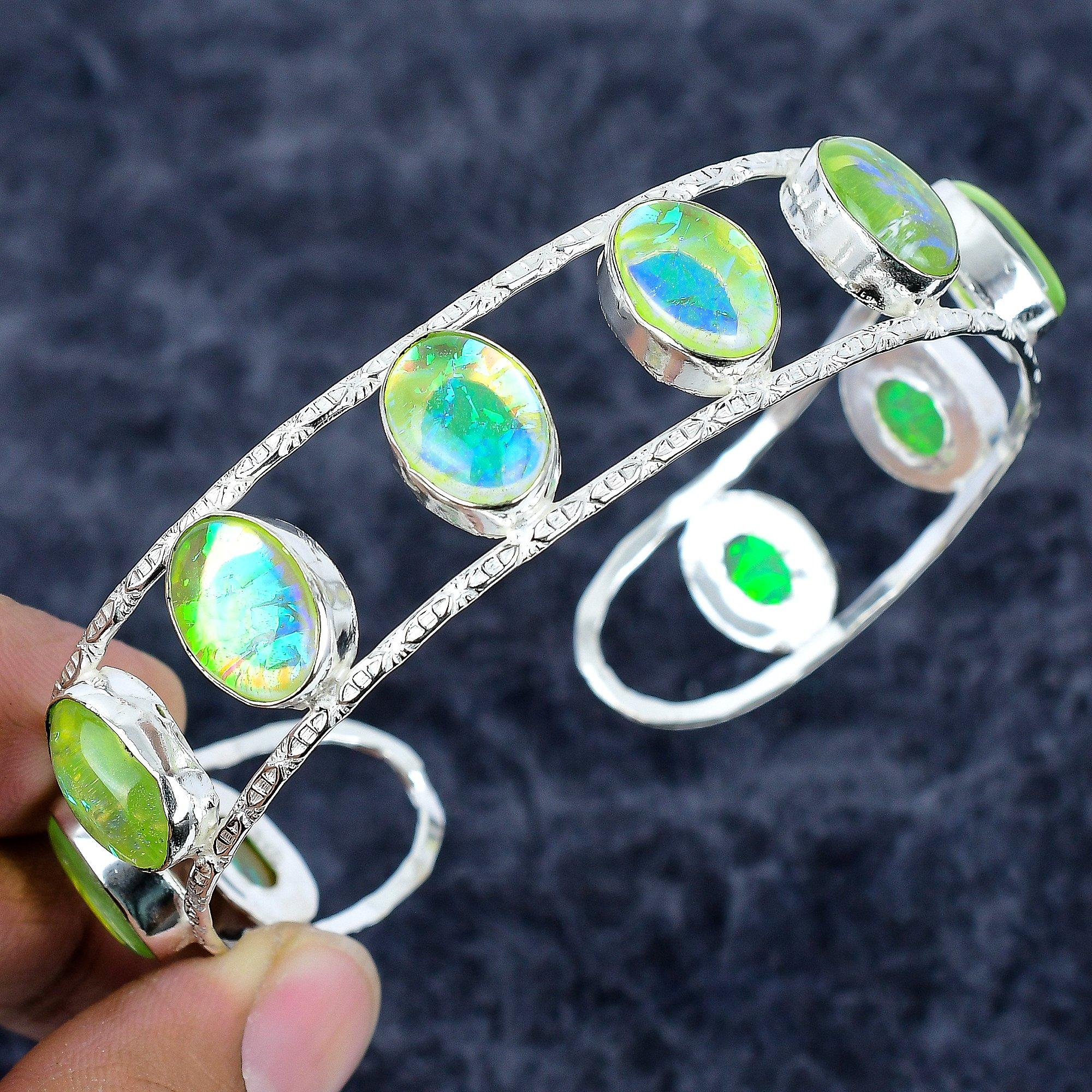 

Green Triplet Opal Gemstone 925 Sterling Silver Cuff Bangle Adjustable M-3319