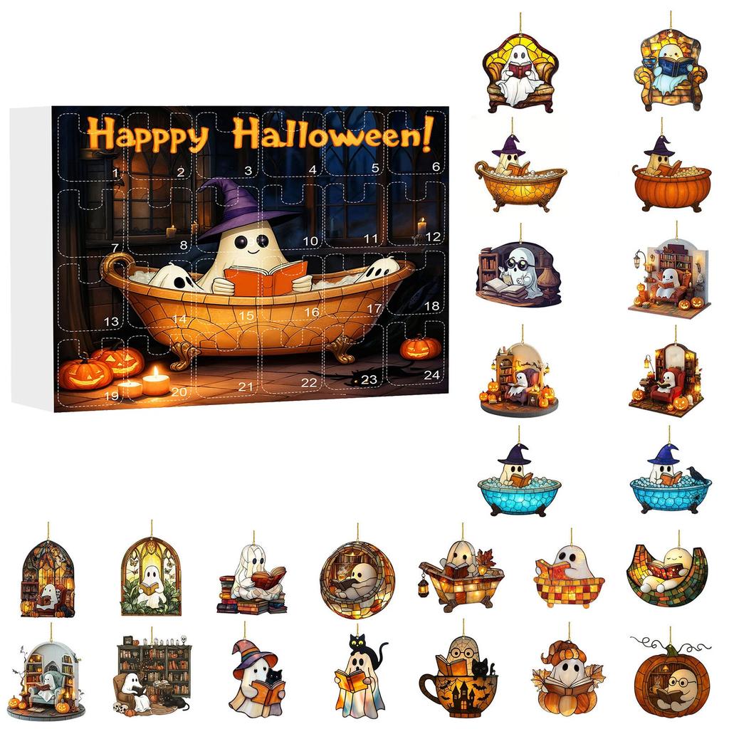 For Christmas Tree Halloween Countdown Calendar 24Pcs 2D Acrylic Ghost Ornaments Spooky Advent Calendar Halloween Ghost Calendar
