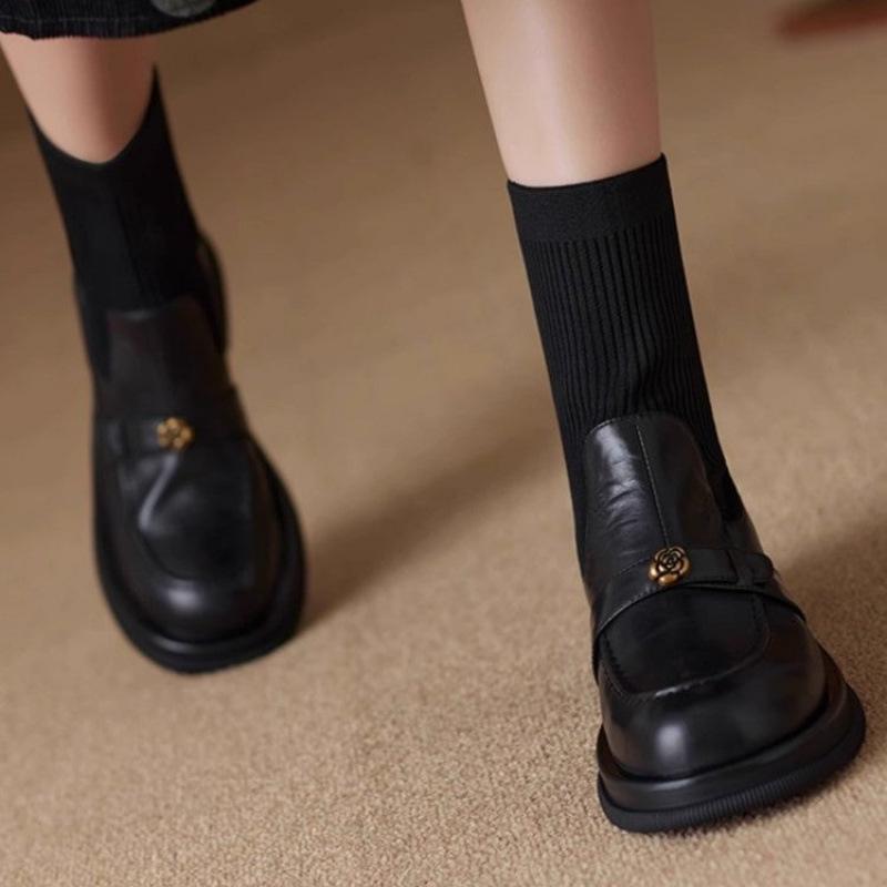 Women's Boots 2025 Autumn/Winter Thick Bottom Short Boots Knitted Elastic Socks Boots Thick Heel Leather Shoes Women