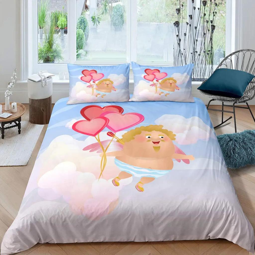 Cupid Soft Duvet Cover Set Ful Sized Dimensions,Love Heart Arow Romantic Angel Warm Comforter Cover Cupid's Love White Beding Sets Comfortable Quilt