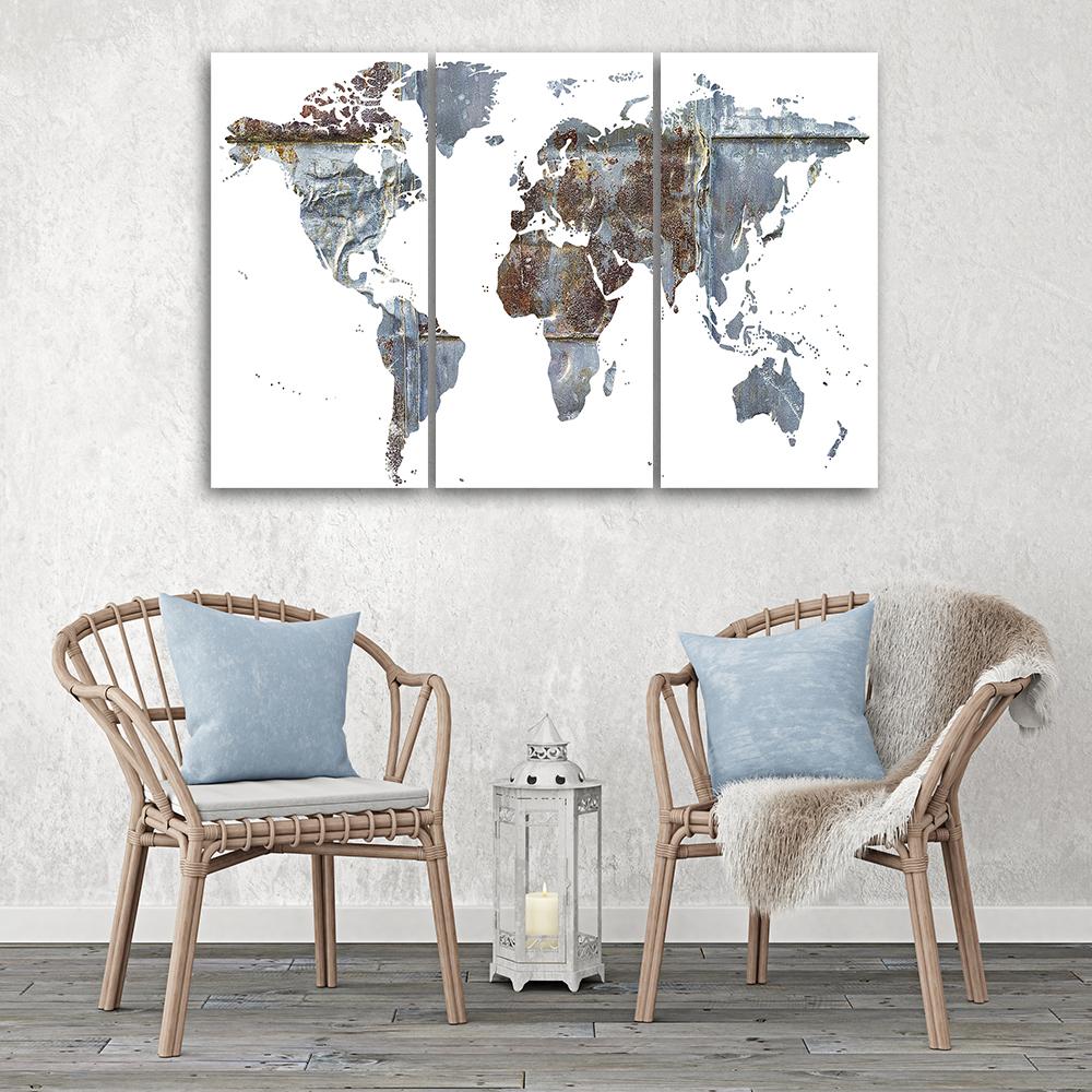 Three Piece Picture Canvas Print World Map Abstract