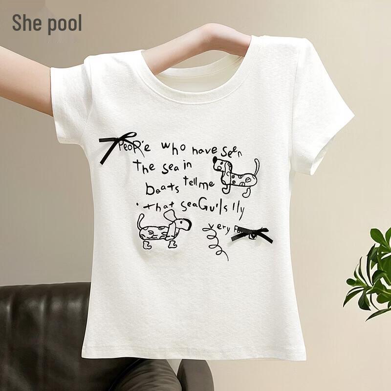 Women s Embroidered Bowknot Cartoon T-Shirt M белый