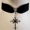Temperament Gothic Inlaid Red Zircon Anchor Cross Pendant Velvet Necklace for Women Halloween Party Personality Collar Jewelry