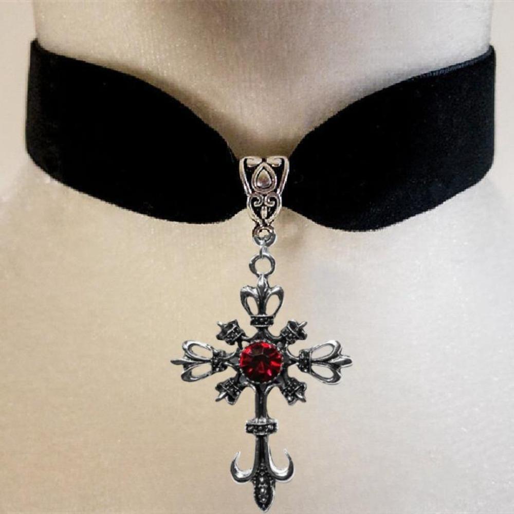 Temperament Gothic Inlaid Red Zircon Anchor Cross Pendant Velvet Necklace for Women Halloween Party Personality Collar Jewelry