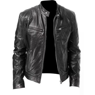 Men's Multi Pocket PU Jacket Stand Up Collar Punk Men's Motorcycle Leather Jacket Zippered Cardigan Leather Jacket