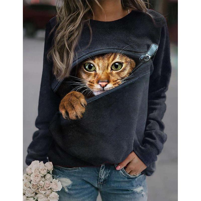 Höst 3D Katt Tryckta Sweatshirts Trendiga Casual Sport Långärmade Dam Sweatshirts