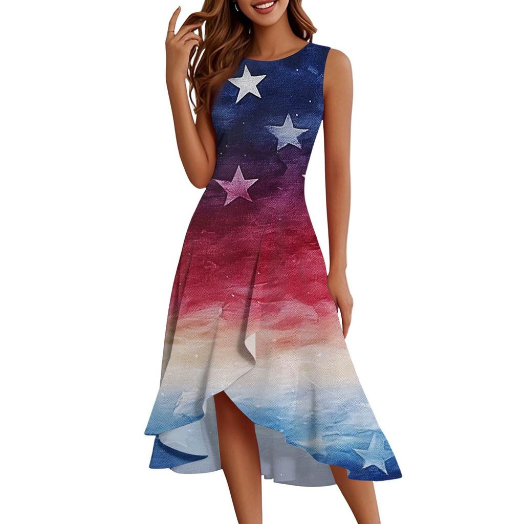 Women's Fashion Casual Zip Sleeveless Round Neck Independence Day Printed Elegant Temperament Ruffles Dress Dresses