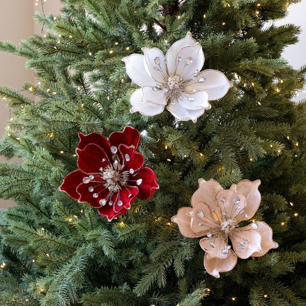 Fabric Plastic Magnolia Flower 25CM DIY Decoration Christmas Artificial Flowers Glitter Poinsettia Xmas Tree Decorations