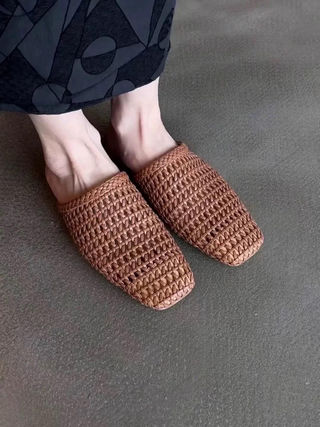 

Soft sheepskin~ Hand-woven hollow bag head half slippers women s summer wear flat-bottomed versatile lazy Muller cool slippers 40