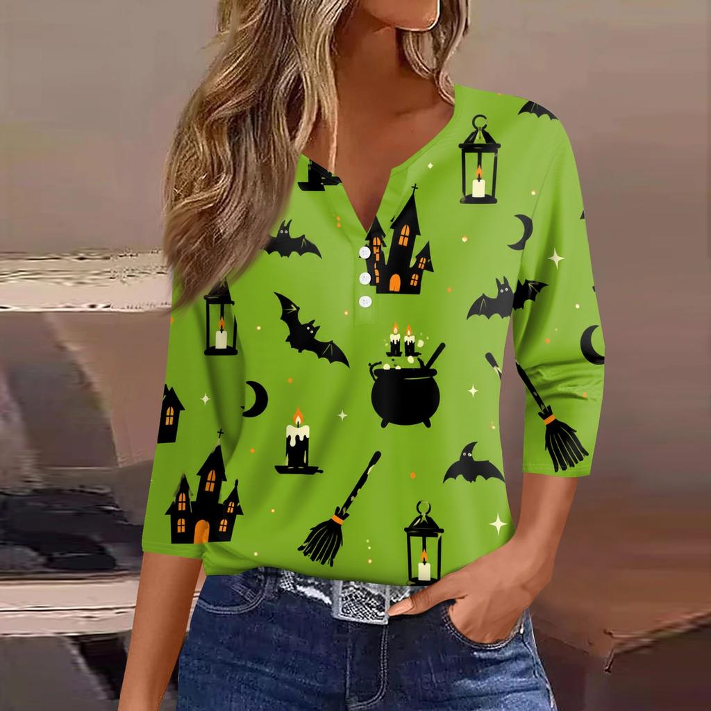 Women Casual Halloween Print V Neck 3/4 Sleeve Button Front Top Lightweight Soft Fabric Relaxed Fit Shirt