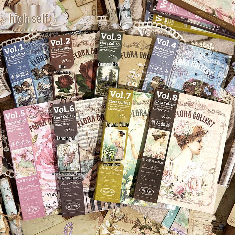 Yanji Retro Floral Journal Stickers - 40 Sheets, 8 Designs