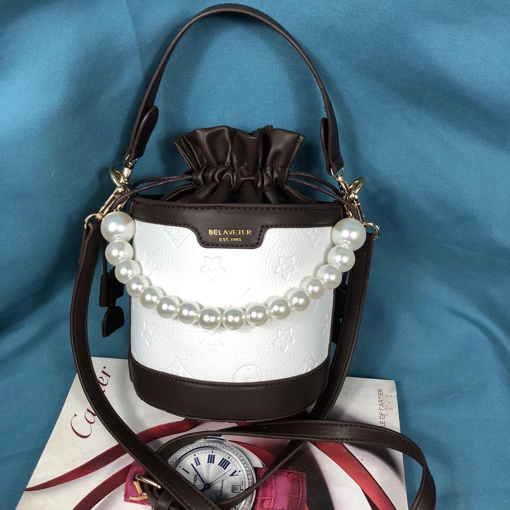 Damen Trendige Crossbody Bucket Bag mit Perlenkette - Einzelne Schulterhandtasche 2025