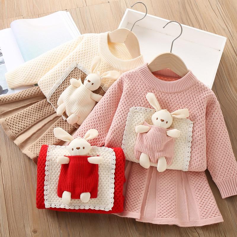 Girls Knit Skirt Set Cute Cartoon Long Sleeve Top Fall Winter Outfit