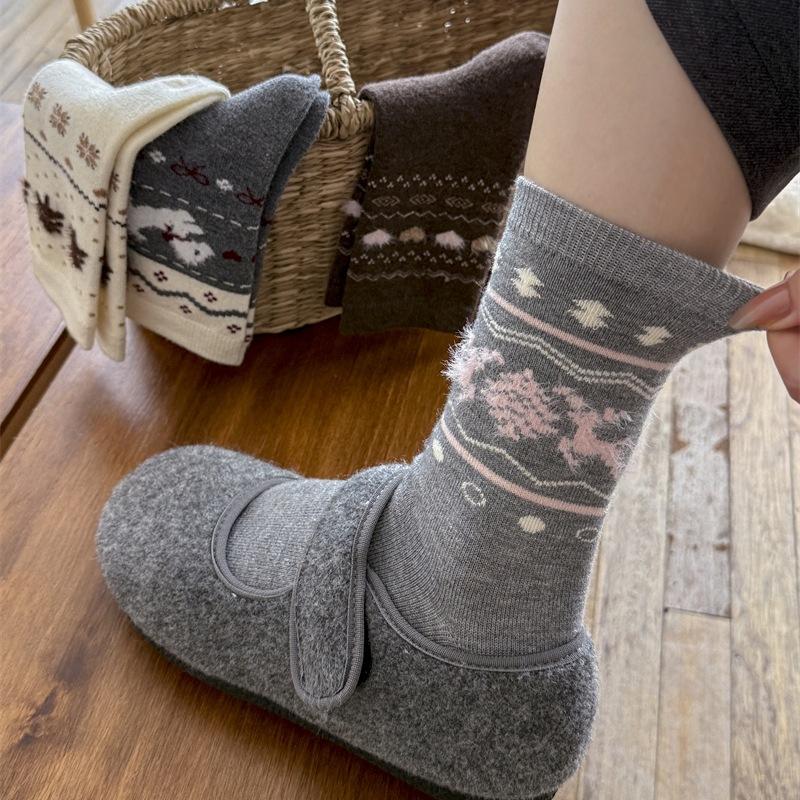 Female Autumn and Winter Warm Thick Bow Cute Puppy Wool Drum Pile Socks