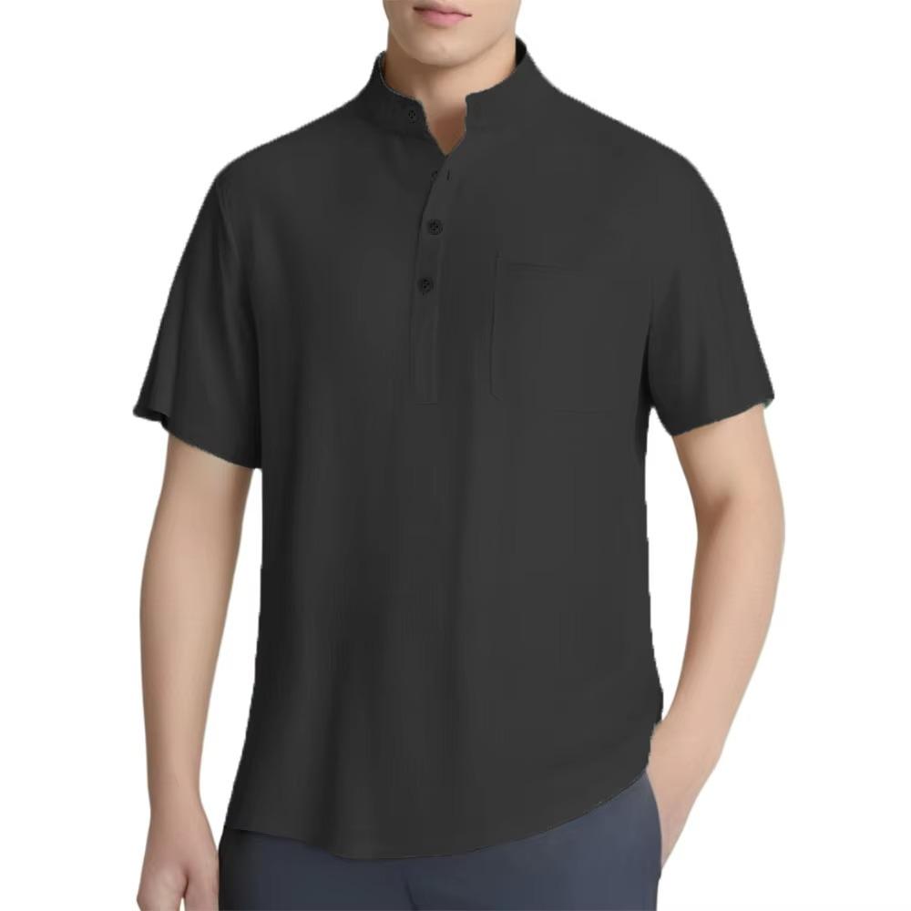 Men's Cotton Linen Shirts Casual Short-sleeved T-shirts Hawaiian Henrey Shirt Solid Color Male Tees