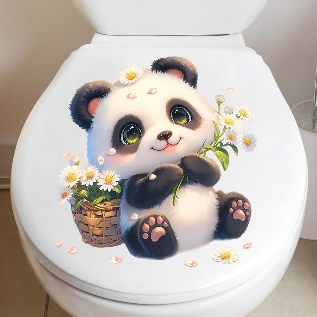 Cute Cartoon Panda with Sunflowers Toilet Sticker Self-Adhesive Removable for Bathroom Home Decor