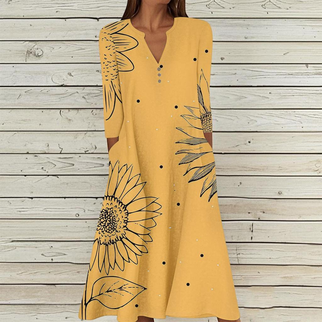Women's Summer Casual V-Neck Button Vintage Floral Print Three-quarter Sleeve Long Dress With Pockets