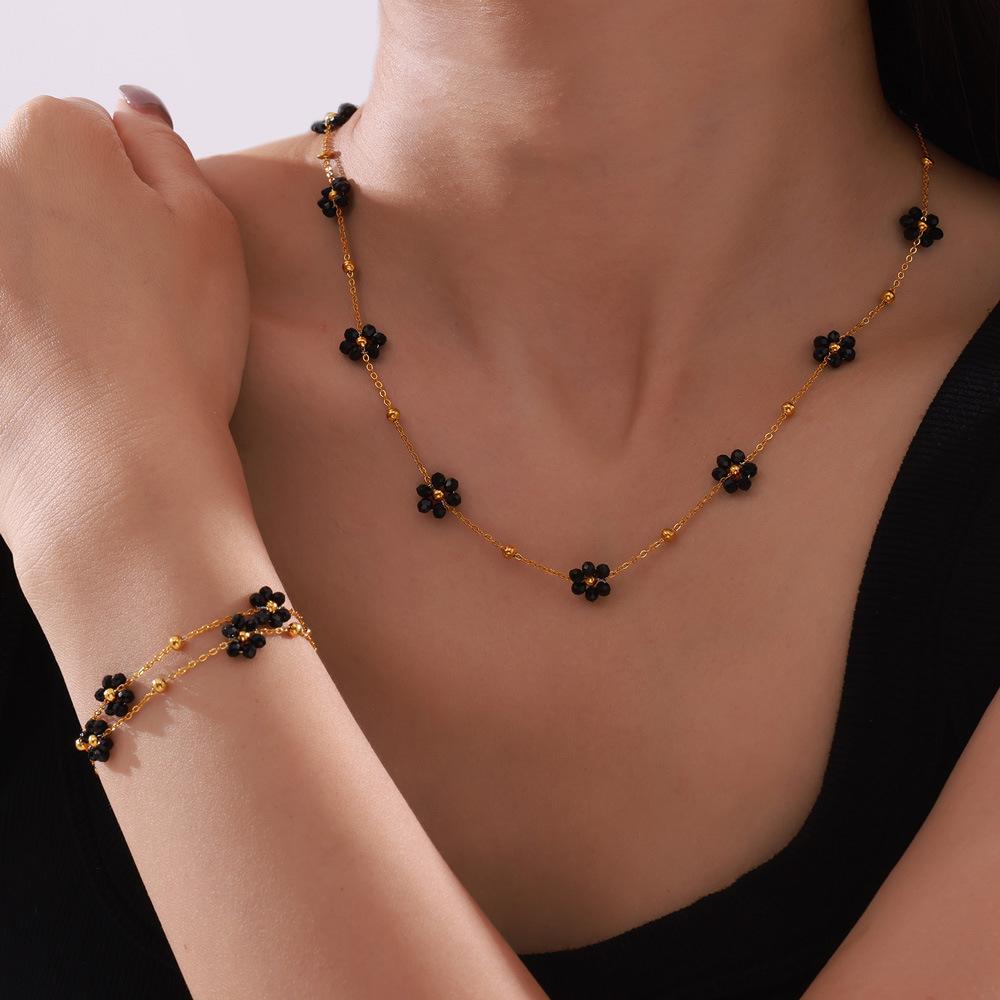 Black Flower Pendant Necklace Bracelet For Women Stainless Steel Gold Plated Women's Neck Chain Necklaces Bracelets Jewelry Sets
