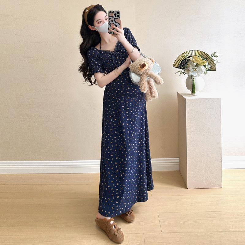 Korean Style Floral Knit Maternity Dress - Pure Cotton, Plus Size, Slimming Summer Wear 2XL