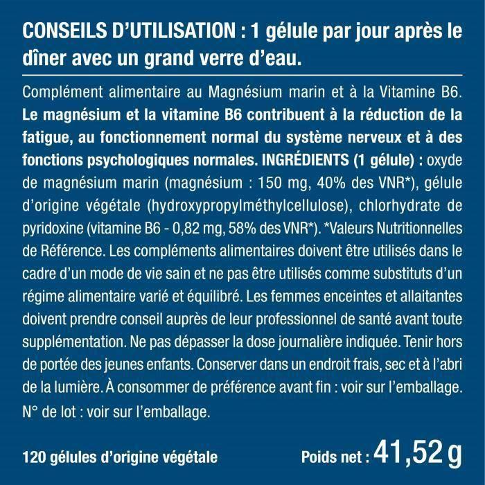 Magnesium marin + vitamine b6 300 mg • 120 gélules hautement dosées • source de forme et de tonus • combat la fatigue - nutrimea