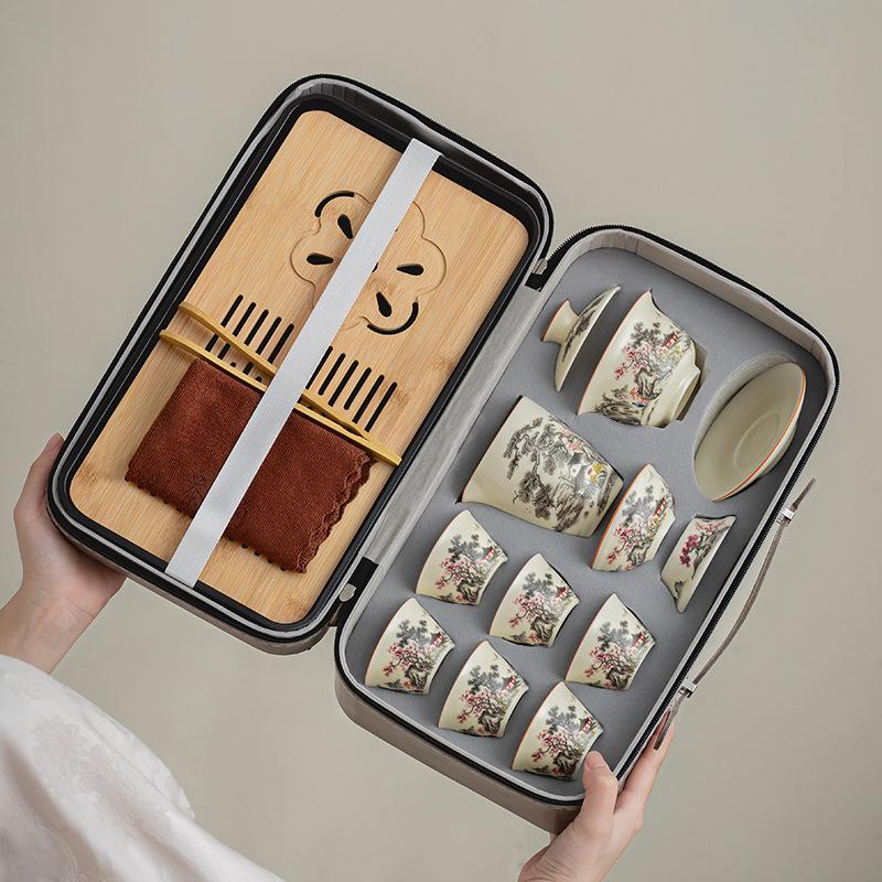 Kung Fu Tea Set Ru Kiln Black Pine Plum Blossom Teapot Set High-end Guest Tea Light Luxury Leather Bag Enterprise