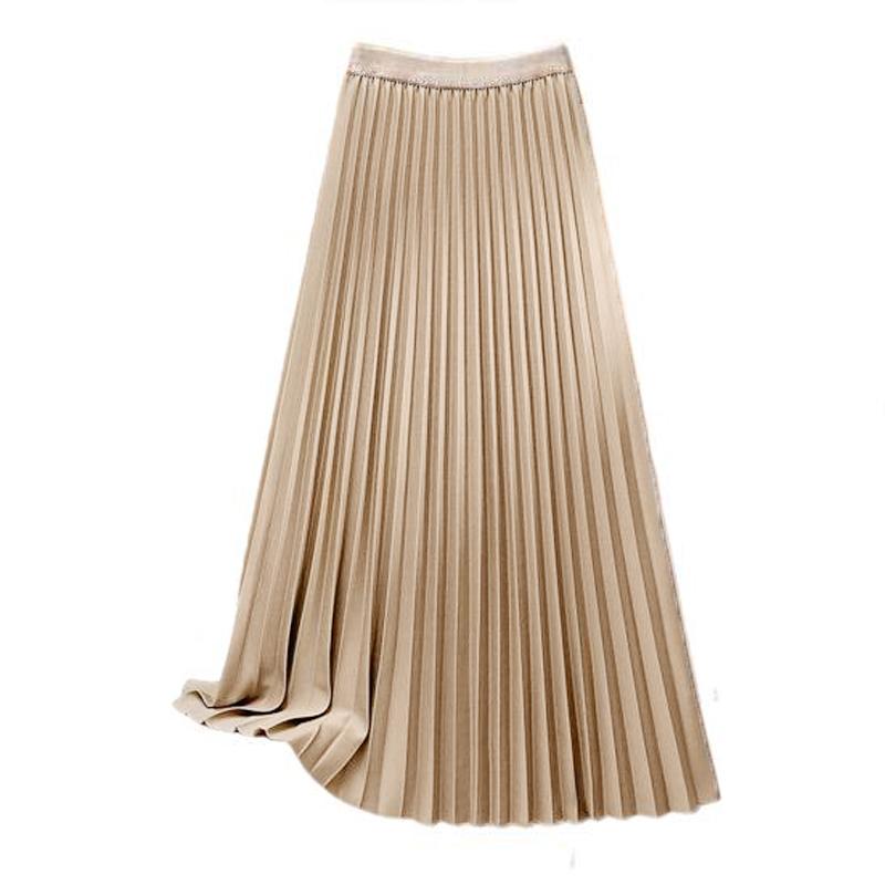 Women Maxi Skirt Elastic High Waist Pleated Skirt Solid Color Smooth Satin A-Line Skirt Work Leisure Wear