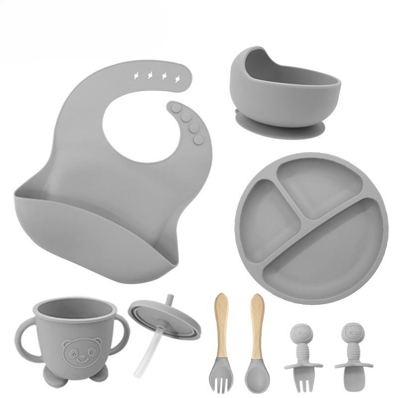 Children's silicone feeding tableware set, with suction cups on the bottom, 8 pieces