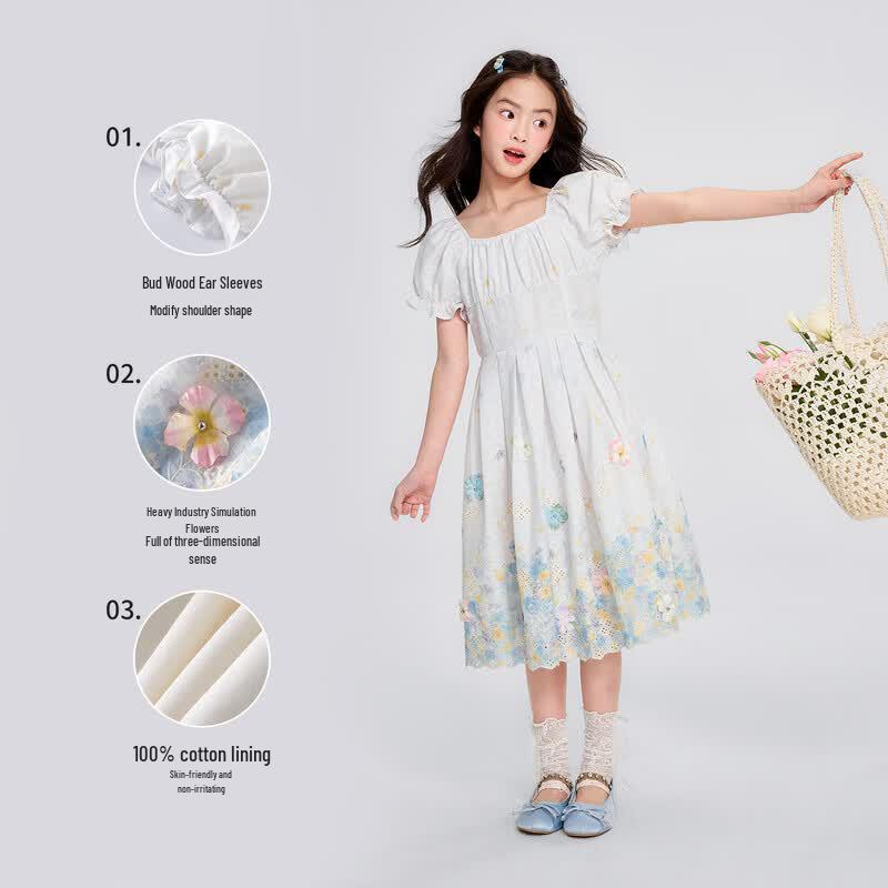 Girls' Summer Floral Puff Sleeve Princess Dress