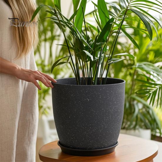 Funktionale Pflanzgefäße für das Wohnzimmer Moderner Blumentopf mit Untersetzer, Grau Blume Große Harzbehälter Entwässerungslöcher, Steinoptik Pflanzgefäß Innen Außen