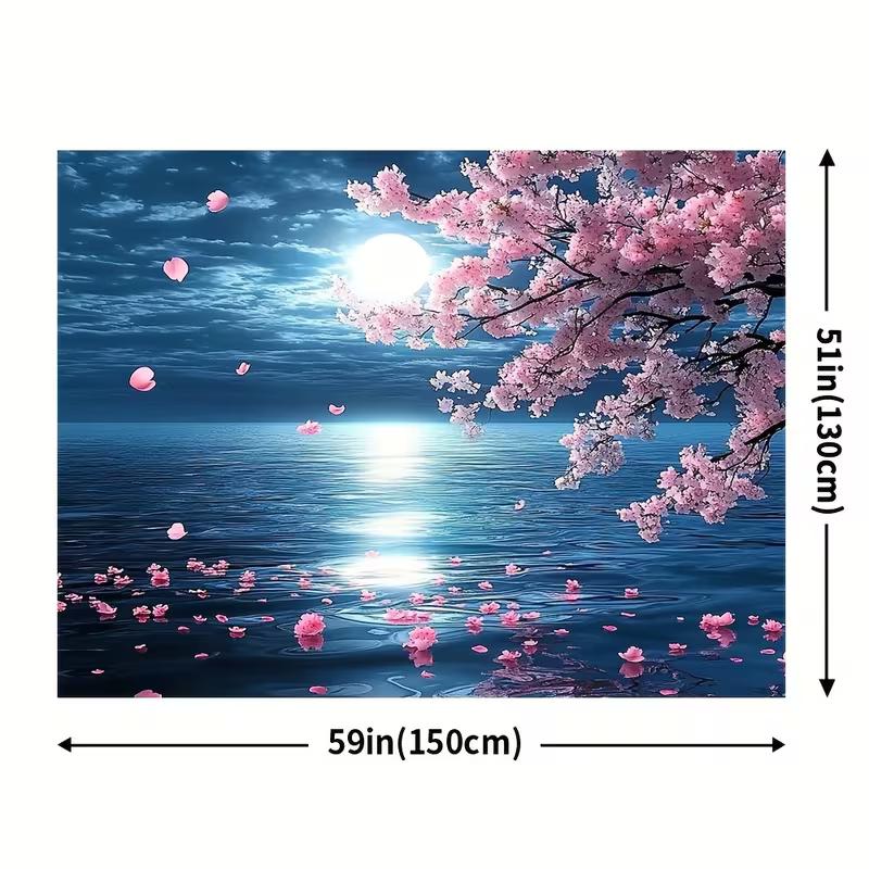 2D Printed Moonlight Cherry Blossom Sea Tapestry for Home Decor