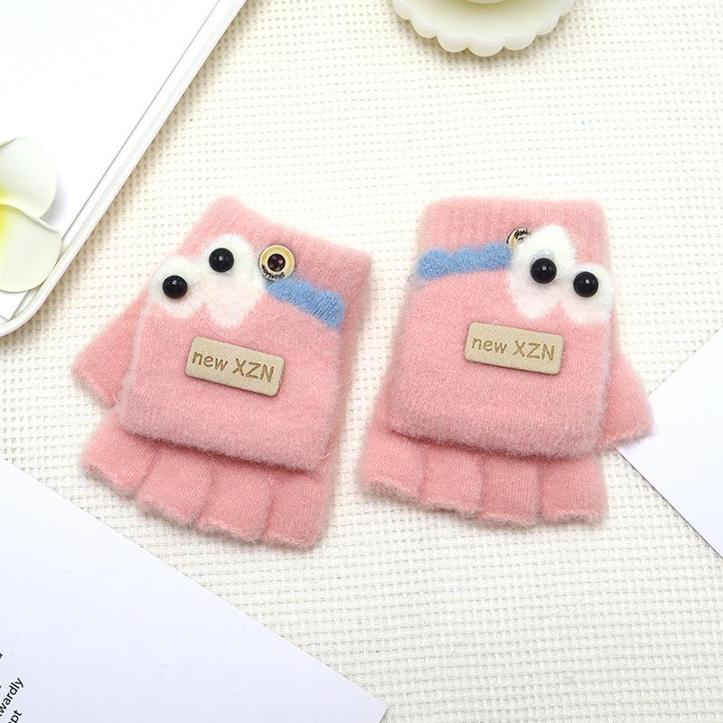 Cartoon Flip-Top Half-Finger Baby Gloves - Thick, Warm, Cold-Resistant for Boys & Girls