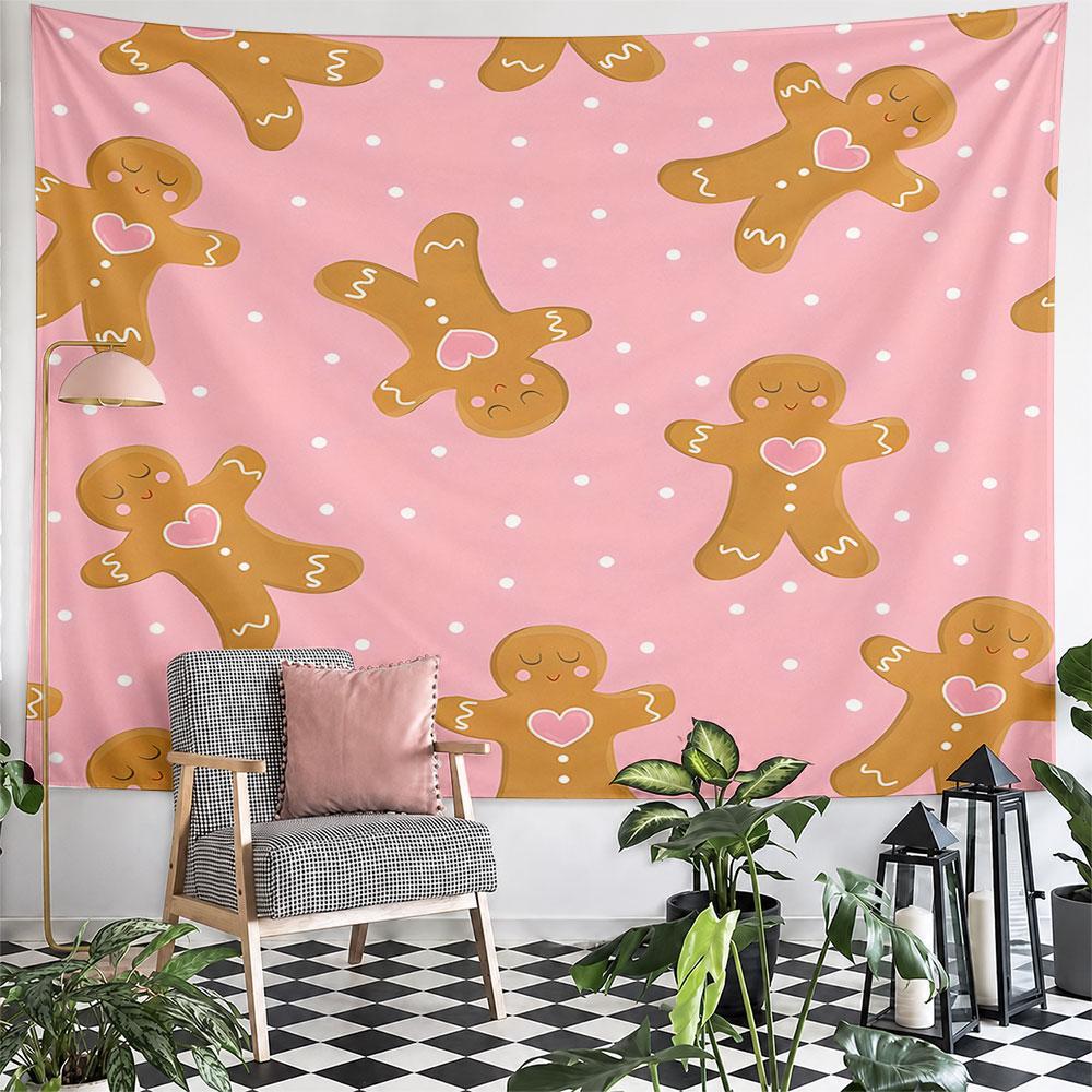 Cute Gingerbread Men on Pink Background Pattern Wall Hanging Tapestry Decorative Tapestry Home Decor for Bedroom and Living Room