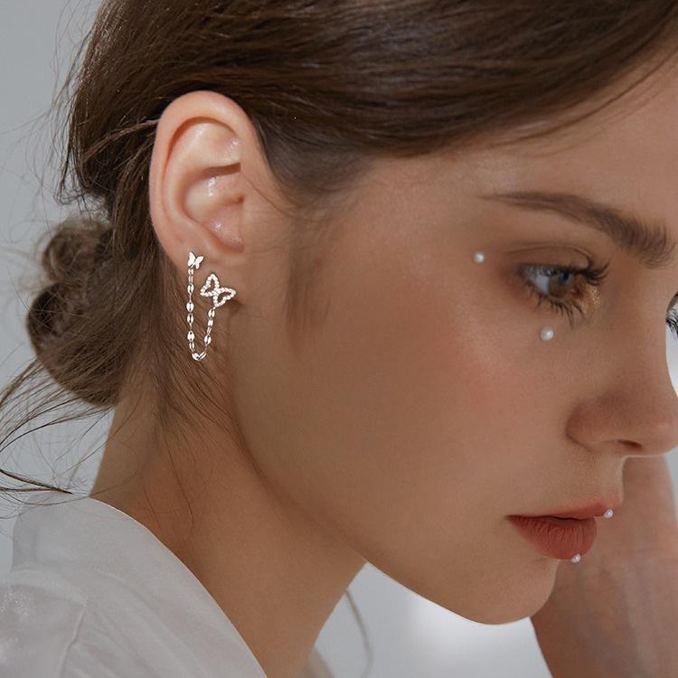 Sterling Silver Double Hole Butterfly Earrings - Women's Elegant Korean Style Ear Chain Studs (2021 Trend).