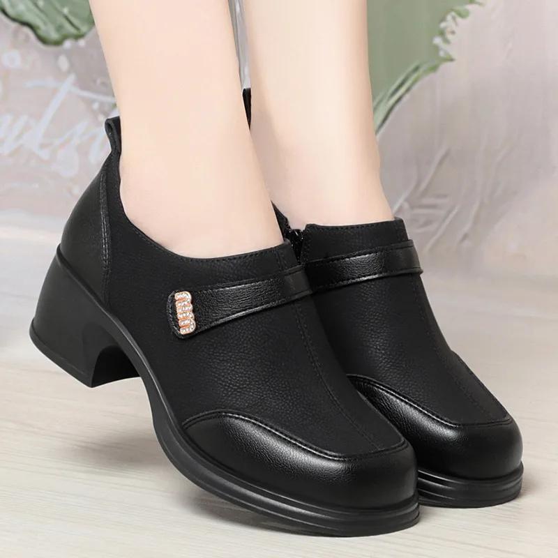 

New Slip on Spring Soft Shoes Woman Vintage Ladies Dress Pumps Thick High Heels Platform Shoes Retro Brown Daily 41