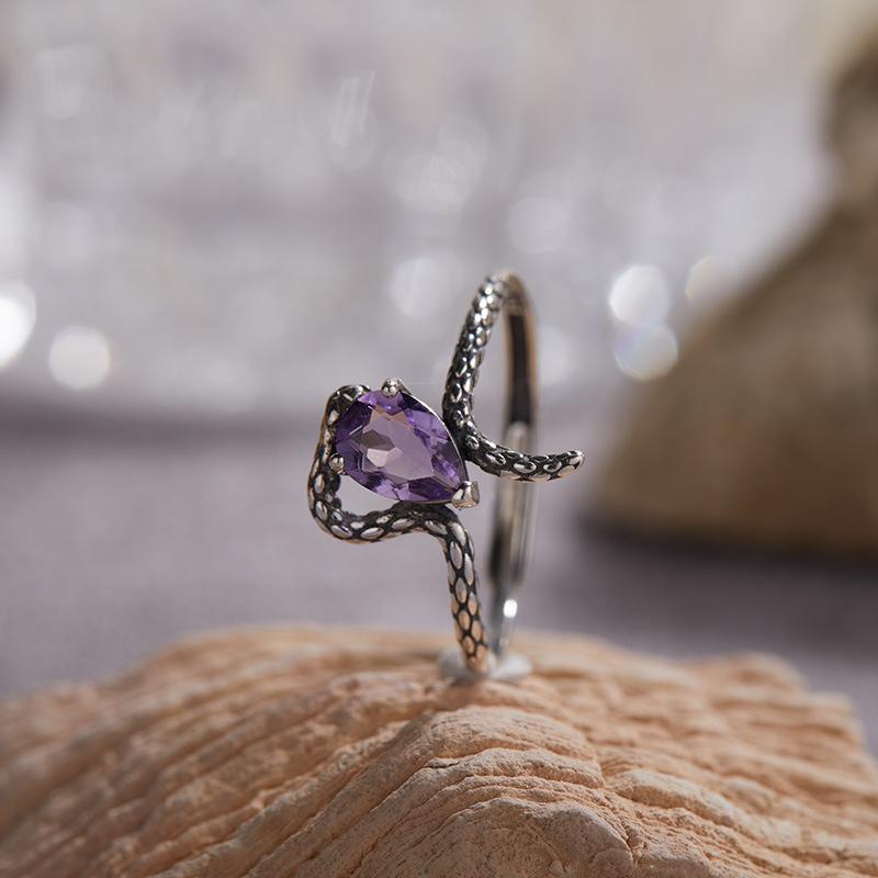Non-Fading High-End S925 Sterling Silver 18K Gold Natural Amethyst Lucky Treasure Ring Women'S Simple Jewelry