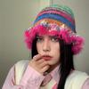 Women's Winter Warm Rainbow Stripe Beanie with Ruffled,Fleece Pom-Pom Elastic Drawstring Skull Cap,Suitable for Vacation,travel