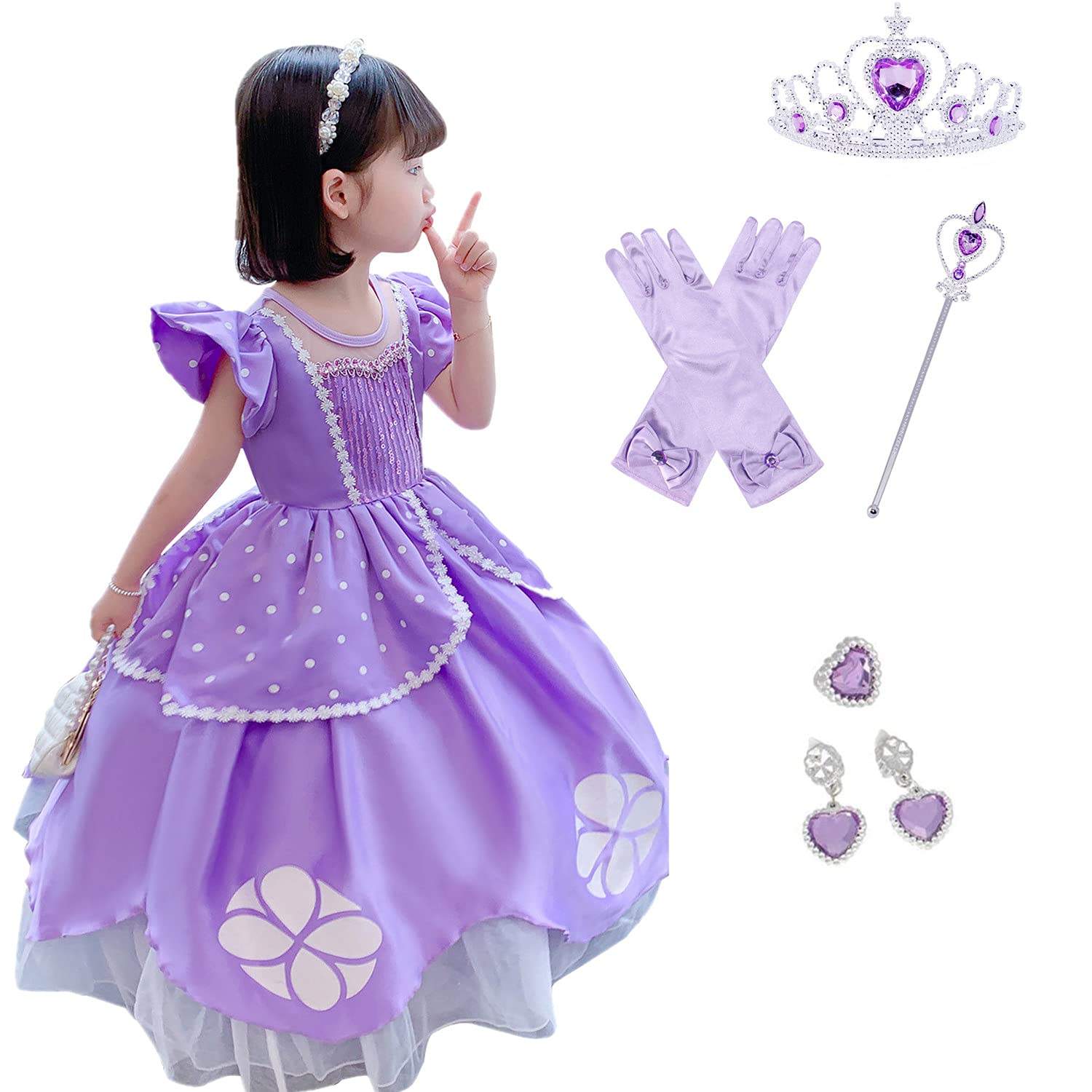

MISOAMISO Sofia the First Kids Costume Dress 6-Piece Set Long Dress Halloween Costume Kids Christmas Present Event Performance Cosplay (Purple, 120)