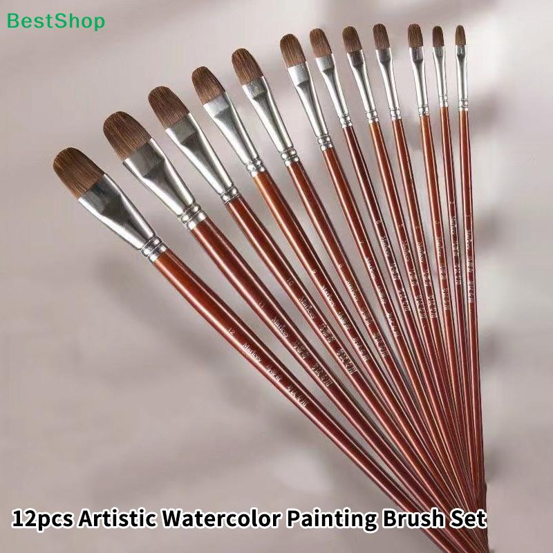 12-Piece Watercolor Paint Brush Set | Artistic Round & Flat Brushes for Watercolor, Acrylic & Gouache Painting