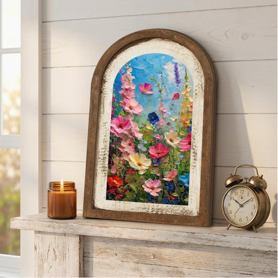 Vintage Framed Wall Art, Curved Wooden Floral Wall Art, Arched Wood Framed Wall Art, Rustic French Country Style Paintings for Bedroom