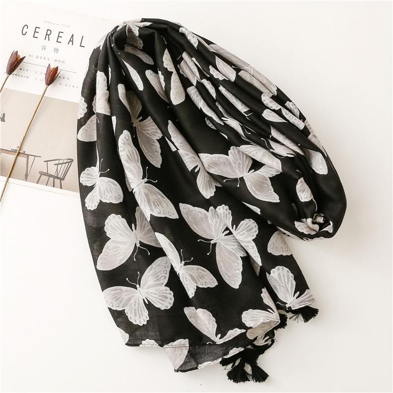 Fashion Luxury Butterfly Women Viscose Scarf Ventilate Designer Shawl Cotton Linen Tassel Pashmina Muslim Hijab Wrap