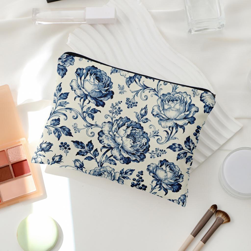 Blue and White Porcelain Style Storage Bag Peony Rose Double Makeup Bag Travel Toiletry with Lining Multi Functional Organizer