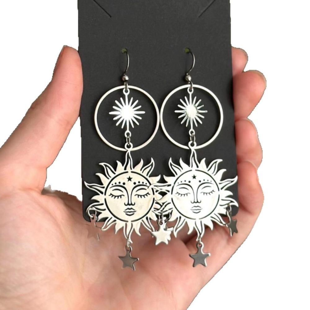 Bohemia Retro Sliver Color Human Face Sun Stars Tassels Pendant Dangle Earrings for Women Stainless Steel Jewelry Accessory Gift