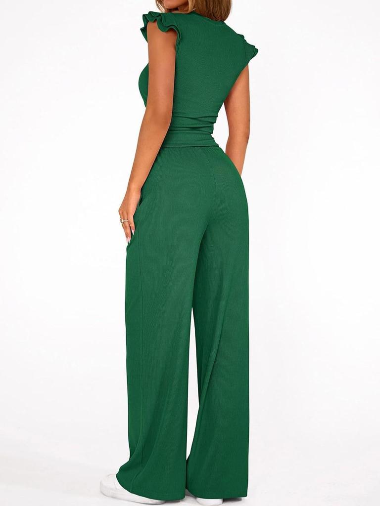 Women's 2026 Summer Solid Color Two-Piece Set with Ruffle Wide-Leg Pants