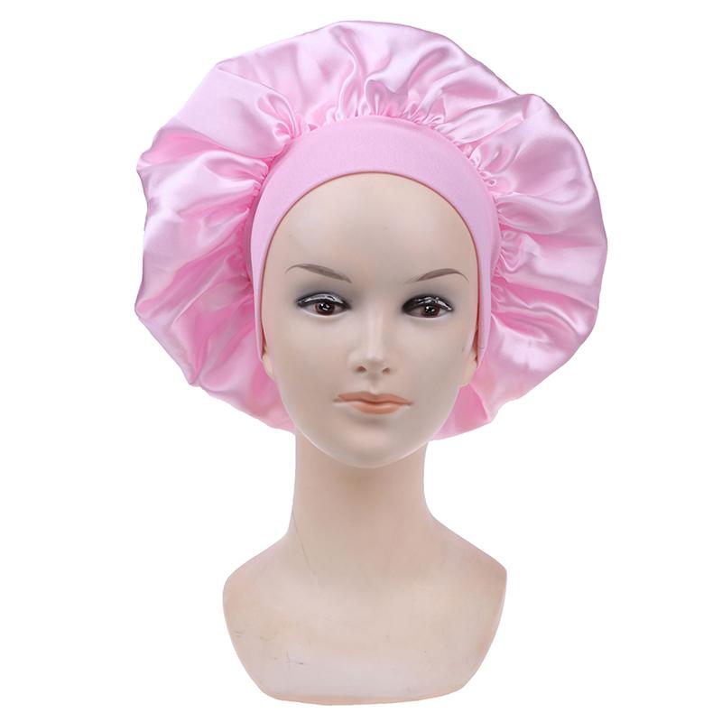 58Cm Solid Color Women Satin Bonnet Cap Night Sleep Hat Adjust Shower Caps